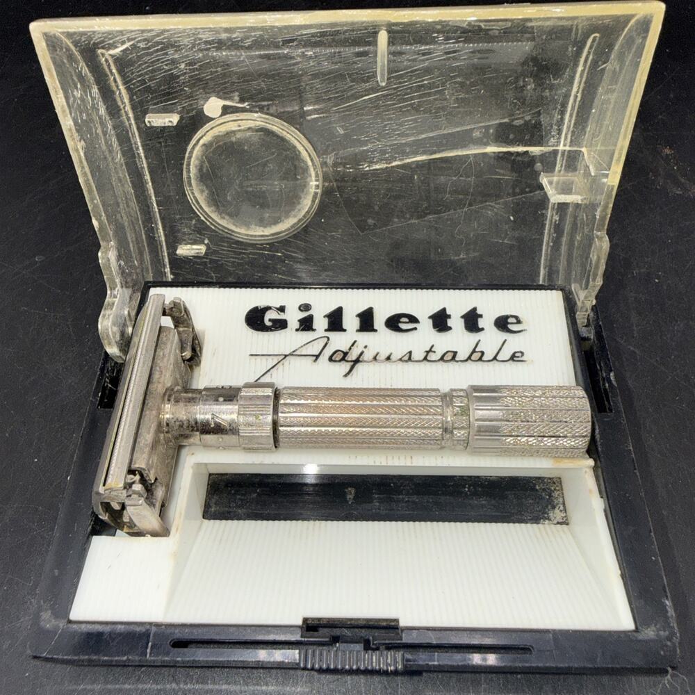 Vintage Gillette Fatboy 195 Adjustable Safety Razor w Case Double Edge USA Case